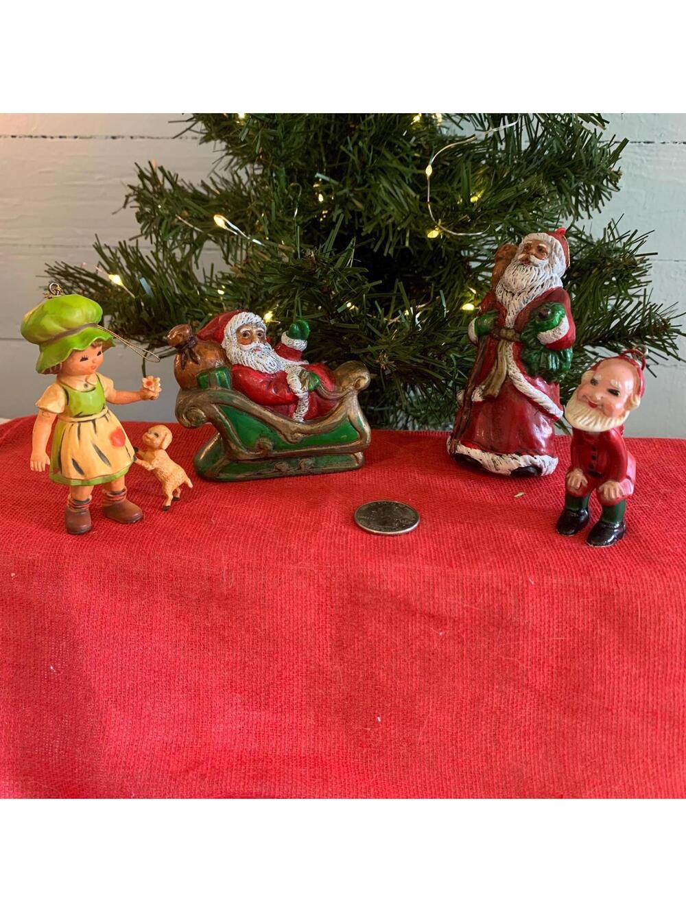 Set of 4 Vintage Plastic Mold Ornaments - Santas, Elf, and Little Girl